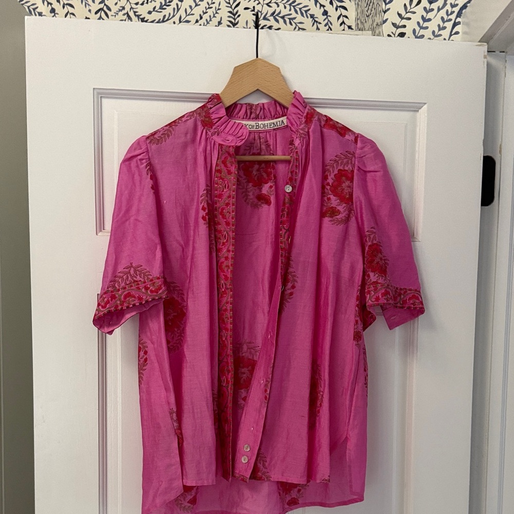 Alix Of Bohemia Hot Pink Floral-Trim Button Front Blouse